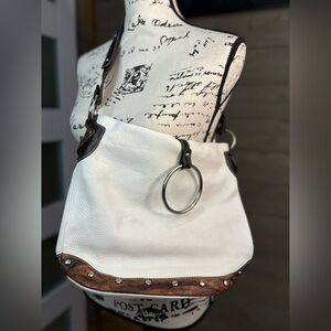 Puntotres White Brown Leather Shoulder Bag Made in Spain Adjustable Strap